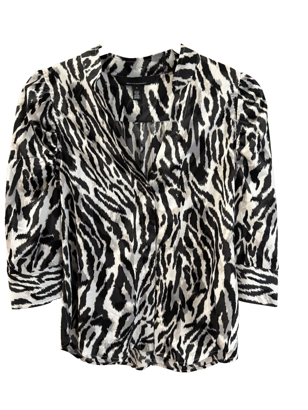 White House Black Market Size 4 Grey/Blk Puff Sleeve Animal Print Blouse